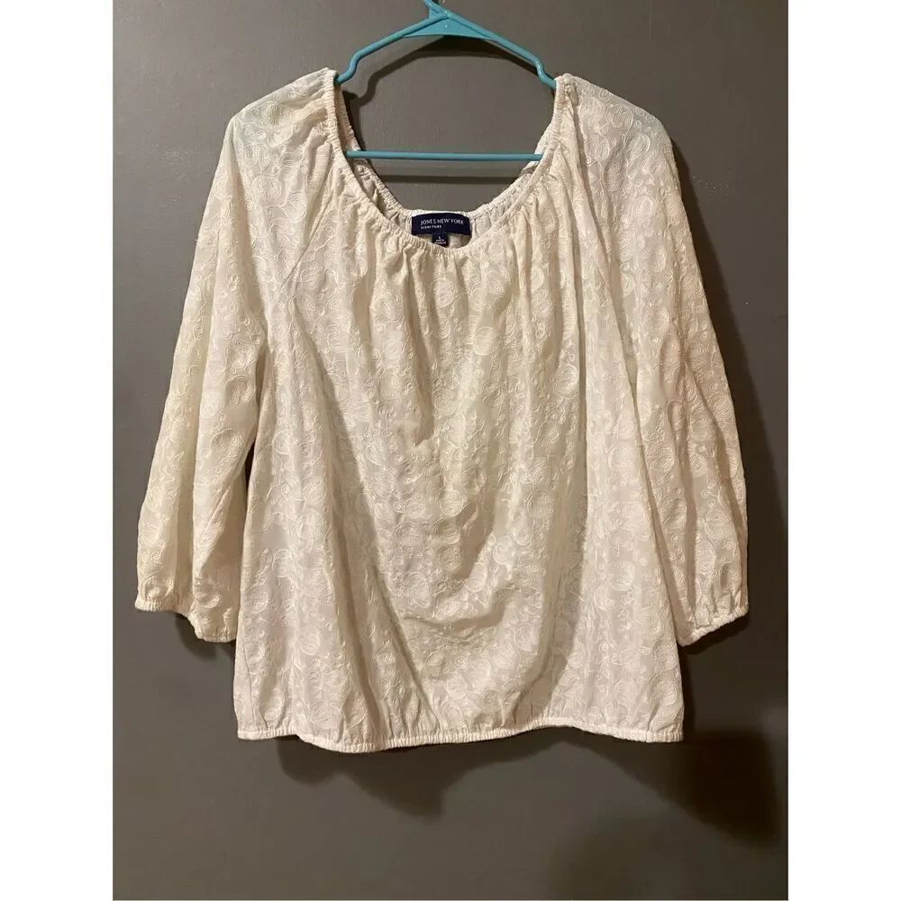 Jones New York White Lace Scoop Neck Elastic Waist Long Sleeve Size Large